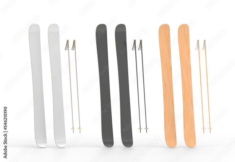 Alpine skiing with poles mockup. Realistic set of plastic white, black and wooden downhill ski isolated on background 3d render. Sports equipment for extreme winter outdoor recreation Alpine skiing with poles mockup. Realistic set of plastic white, black and wooden downhill ski isolated on background 3d render. Sports equipment for extreme winter outdoor recreation