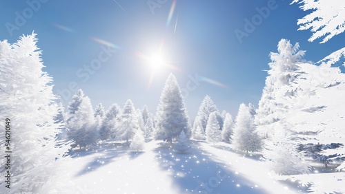 Fairy winter landscape of snowy coniferous forest, sparkling snow 3d render