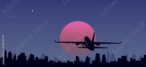 The plane takes off over the city. Vector.