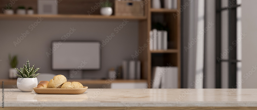 Copy space on white marble tabletop over blurred modern home workspace in background. Copy space on white marble tabletop over blurred modern home workspace in background.