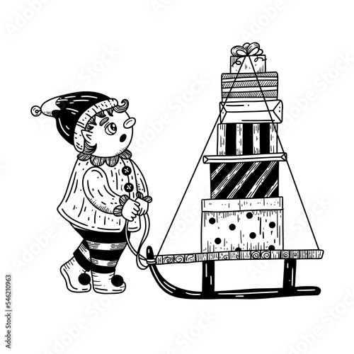 Vintage boy elf with sled. He lucky sled with Christmas gifts. Cartoon elf in retro style photo