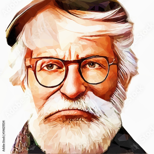 Old bearded man with glasses.  White hair and a brooding look.  Vector As Low Poly Art.