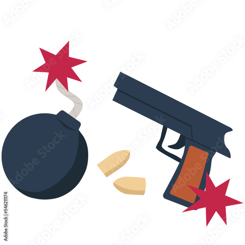 Bomb and gun vector illustration in flat color design