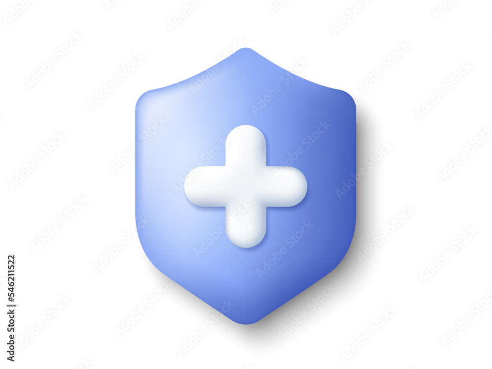 Obraz premium Shield 3d icon. Health care concept with cross. Medic care insurance. Immune system virus protection. Medicine health, pharmacy care and medical hospital symbol. Medic 3d shield. Vector