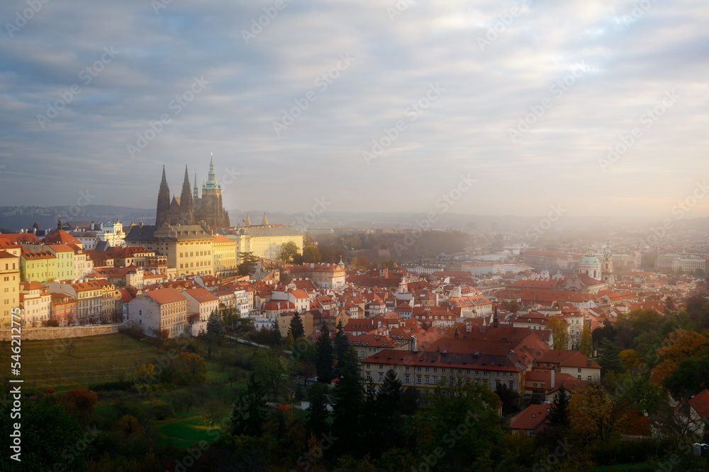 View of Prague Castle and Prague in the morning in autumn. Autumn. Travel.