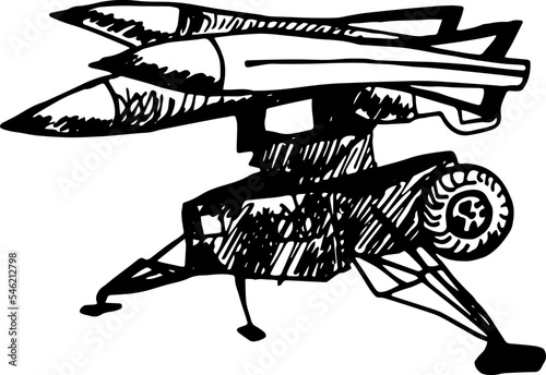 Hand drawn sketch of an equipment for anti-aircraft defense in doodle style. War in Ukraine.