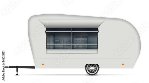 Food trailer vector mockup for vehicle branding, advertising, corporate identity. Isolated template of realistic mobile kitchen on white background. All elements in the groups on separate layers