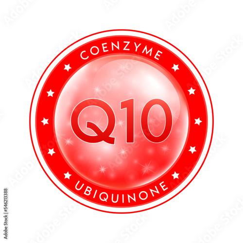 Water Coenzyme Q10 drop label red. Sign icon logo and badge. Isolated on white background. For designing food or beauty products. Medical healthcare and Drug business marketing ads concept. Vector.