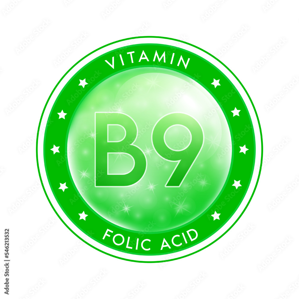 Water vitamin B9 drop label green. Sign icon logo and badge. Isolated on white background. For designing food or beauty products. Medical healthcare and Drug business marketing ads concept. Vector. Water vitamin B9 drop label green. Sign icon logo and badge. Isolated on white background. For designing food or beauty products. Medical healthcare and Drug business marketing ads concept. Vector.