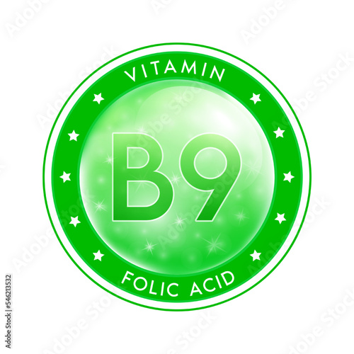 Water vitamin B9 drop label green. Sign icon logo and badge. Isolated on white background. For designing food or beauty products. Medical healthcare and Drug business marketing ads concept. Vector.