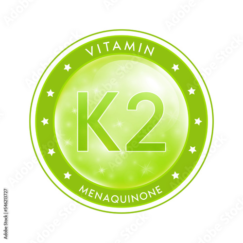 Water vitamin K2 drop label green. Sign icon logo and badge. Isolated on white background. For designing food or beauty products. Medical healthcare and Drug business marketing ads concept. Vector.