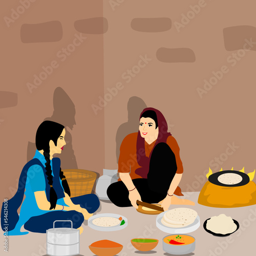 Vector of Indian village women cooking in her traditional Kitchen, Preparing lunch for her daughter or family.