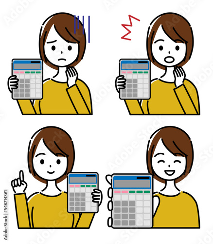 電卓を持つ女性バリエーションセット