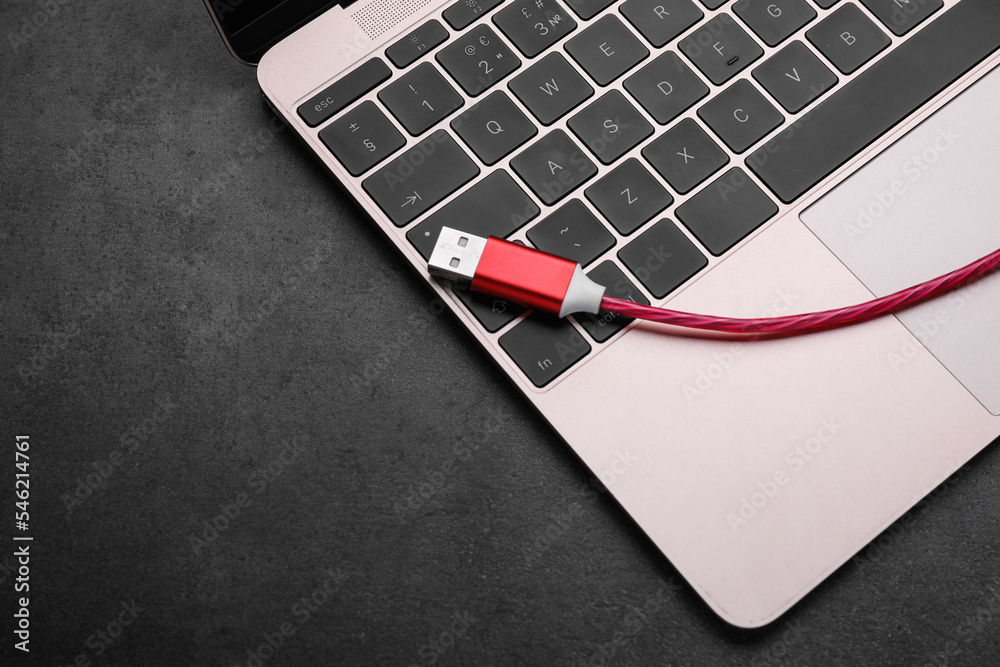 Red USB cable and laptop on dark table, top view. Space for text Red USB cable and laptop on dark table, top view. Space for text