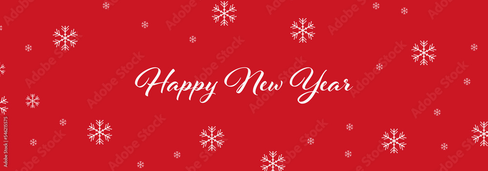 Happy New Year banner. Text Happy New Year and falling snowflakes on red background.

