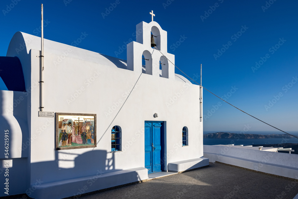 Beautiful white traditional greek ortodox church in Imergovigli on Santorini island, Greece.