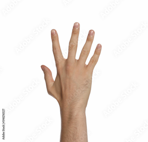 Man on white background, closeup of hand