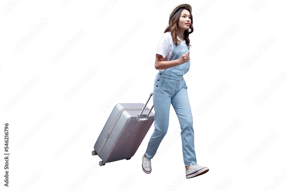 Asian woman with a hat and carrying suitcase Asian woman with a hat and carrying suitcase