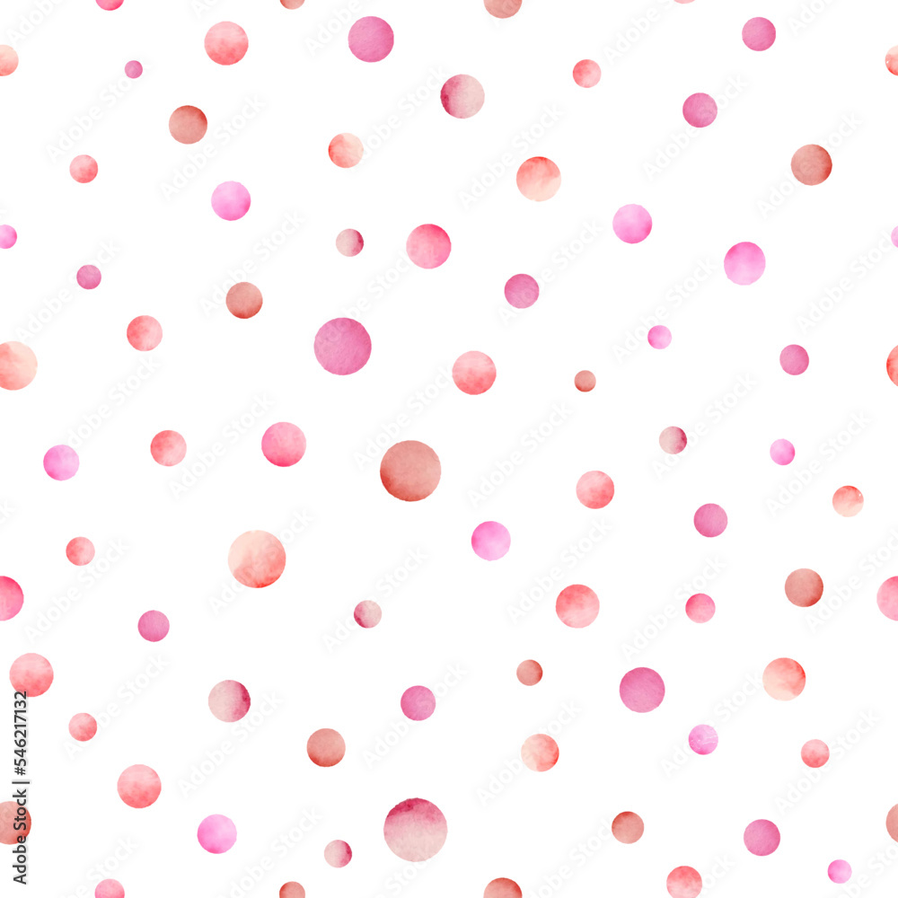Abstract watercolor seamless pattern. Hand drawn illustration with pink polka circles. For children`s wallpaper, fabric design or print. Vector EPS.