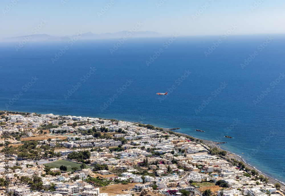 Aerial view of the town of Kamari, Santorini, Greece