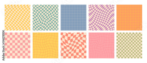 Fototapeta Naklejka Na Ścianę i Meble -  Groovy checkered seamless patterns, vintage aesthetic backgrounds, psychedelic checkerboard texture. Funky hippie fashion textile print, retro background with distorted grid tile vector pattern set