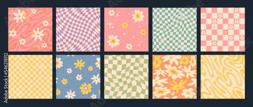 Hippie checkered seamless patterns with daisy flowers, groovy checkerboard backgrounds. Funky vintage aesthetic floral fashion textile print, retro psychedelic waves pattern with daisies vector set