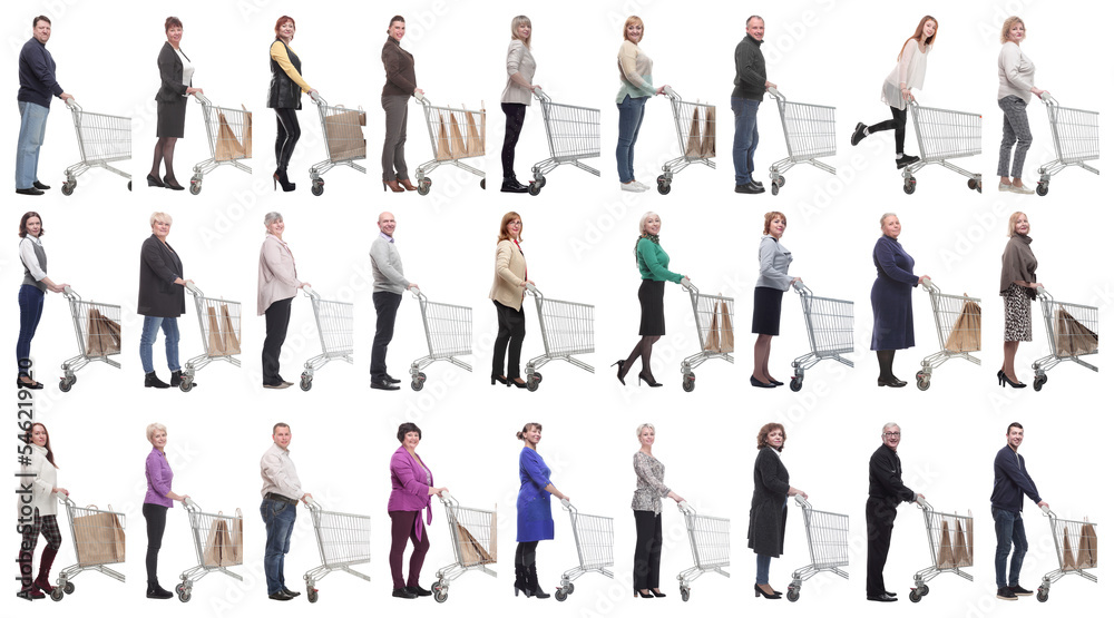 group of people with cart looking at camera isolated group of people with cart looking at camera isolated