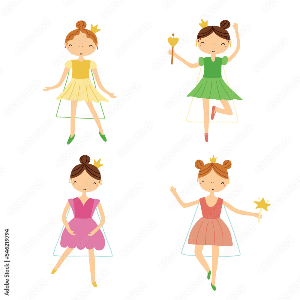 Children's set of princesses in different poses hand-drawn on a white background for decorating textiles and nursery Children's set of princesses in different poses hand-drawn on a white background for decorating textiles and nursery