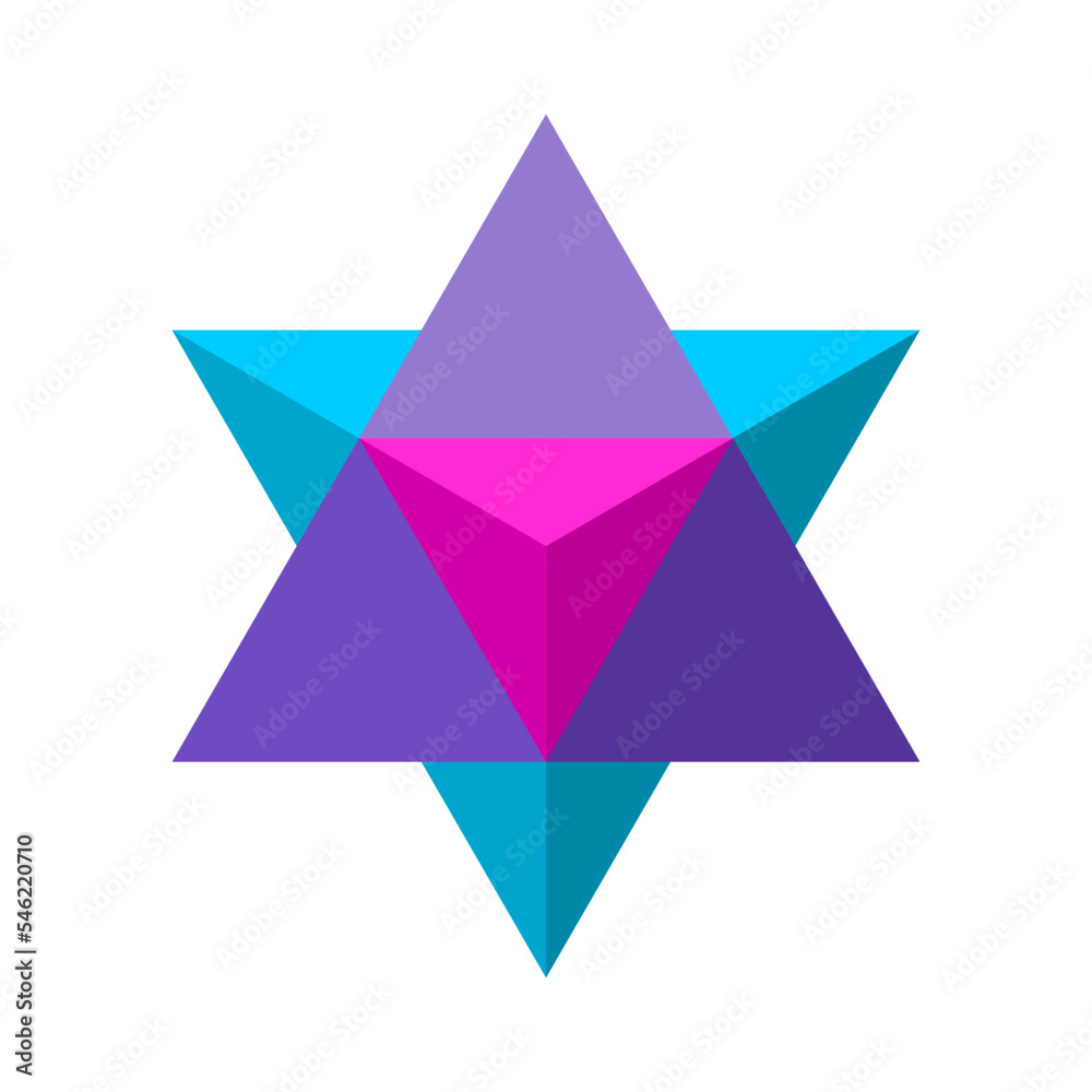 Colorful stylized Merkaba symbol. Sacred geometry shape. Star tetrahedron. 3D object made out of two triangles facing opposite directions. Modern logo design template. Vector illustration, clip art. Colorful stylized Merkaba symbol. Sacred geometry shape. Star tetrahedron. 3D object made out of two triangles facing opposite directions. Modern logo design template. Vector illustration, clip art.