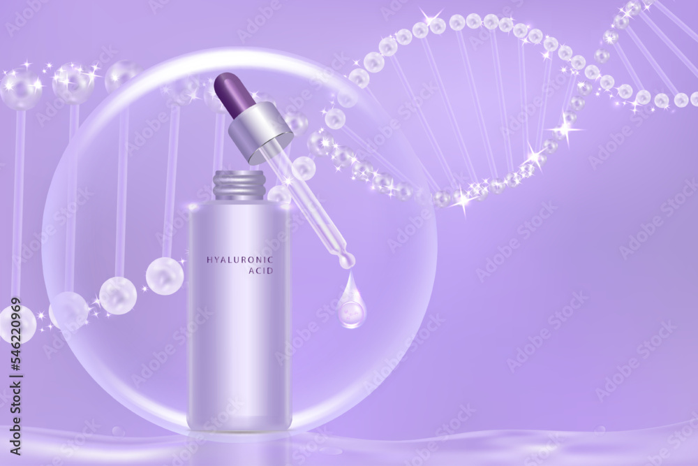 Beauty product ad design, a purple cosmetic container with collagen solution advertising background ready to use, luxury skincare banner, illustration vector.	