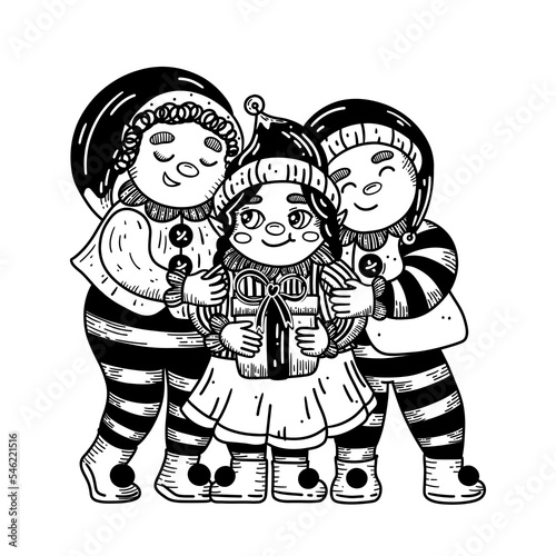 Group of elves in retro style. Three elves: two boys and one girl with Christmas present, stand together