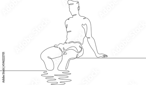 One continuous line. Man sits on the edge of a pool. Rest by the water. Swimming in the pool. One continuous line on a white background.