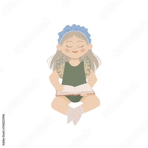A little girl is sitting with a book in her hands. Character leafing through a book. Girl reading a fairy tale or learning to read. Flat vector cartoon illustration