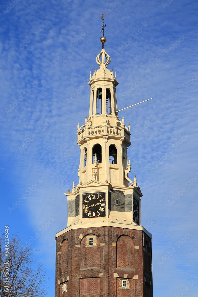 Amsterdam Montelbaanstoren Tower Close Up with Blue Sky, Netherlands