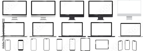 Realistic mock up set computer, laptop, tablet and phone on transparent background. Device screen mockup collection. PNG image