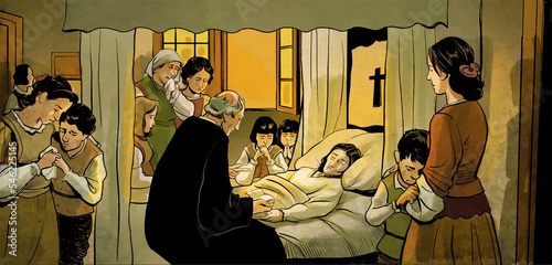 Deathbed illustration Ancient scene Extreme unction. Scene of the ritual anointing of woman in death bed in s XVII.