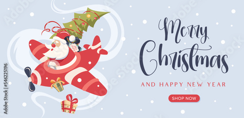 Christmas Sale banner with Santa s plane retro style.