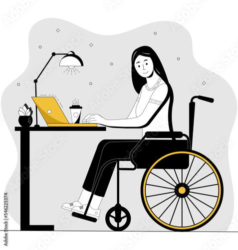 Wheelchair woman working with laptop. Disabled young woman in wheelchair working in the office or online from home. Vector illustration.