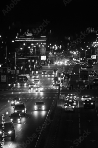 road at rush hour in the night city of kharkiv