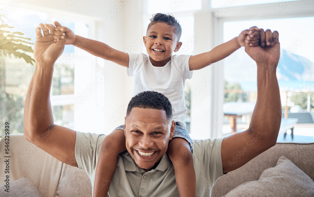 Portrait, father and son on shoulder, smile and happy being loving, bonding and playful together in lounge. Love, black dad and boy child with happiness, spend quality time and joyful in living room. Portrait, father and son on shoulder, smile and happy being loving, bonding and playful together in lounge. Love, black dad and boy child with happiness, spend quality time and joyful in living room.