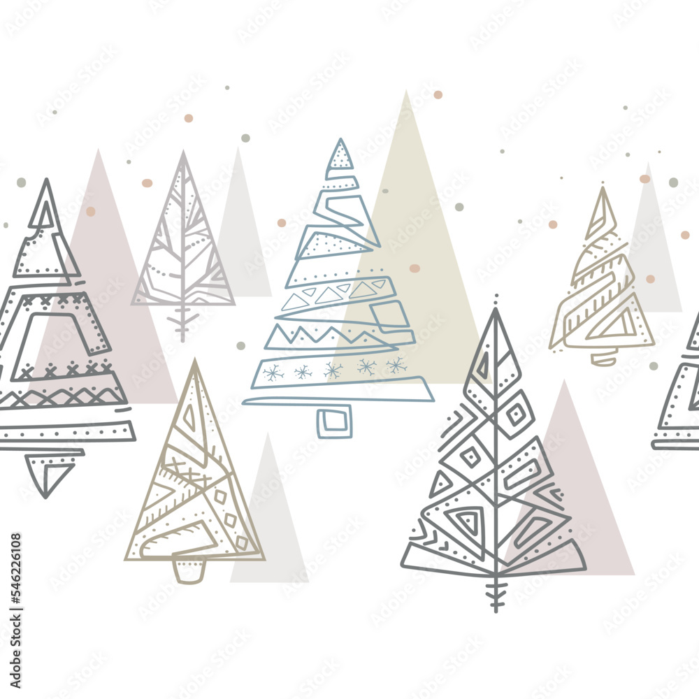 Seamless Christmas winter pattern in scandinavian style.Stylized Christmas trees,Abstract shape Line drawing pastel ornanic colors vector illustration.festive border for web and print.Xmas concept 