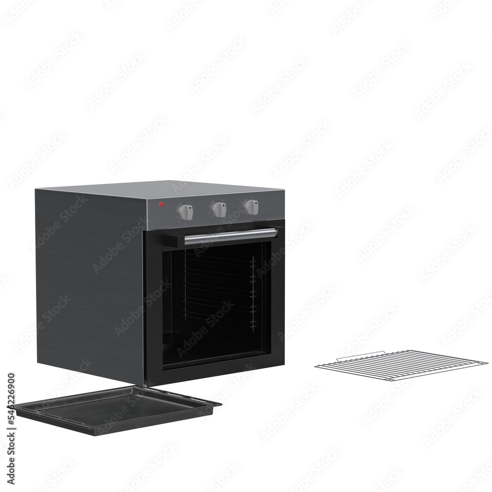 3D rendering illustration of a kitchen oven with a dripping pan and a cooling rack 3D rendering illustration of a kitchen oven with a dripping pan and a cooling rack