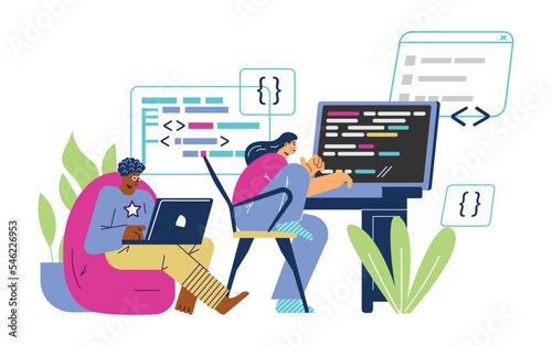 People working from home, programmers developing software - flat vector illustration isolated on white background.