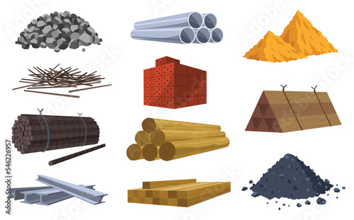 Building materials. Construction concept. Illustrations can be used for construction sites or illustrate renovation works. Bricks, planks, metal, sand and stone pipes vector set photo