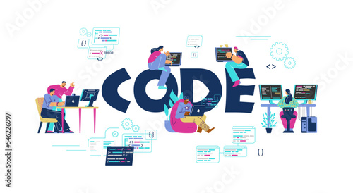 Code typographic header with tiny people programming - flat vector illustration isolated on white background.