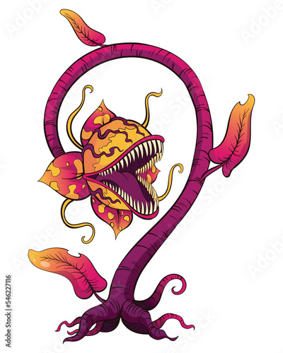 Carnivorous plant. Cartoon flytrap or flower predator. Angry flower with teeth. Monster plant icon. Vector illustration