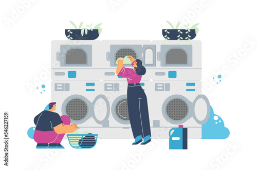 Man and woman in self service laundry room, flat vector illustration isolated on white background.