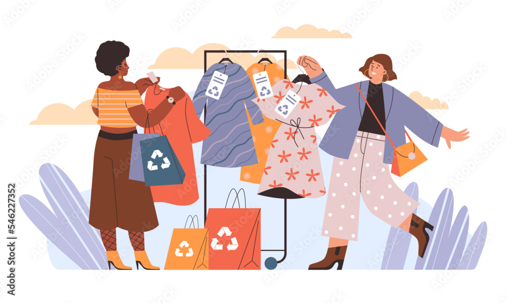 Women buying sustainable clothes with recycled symbol, flat vector illustration isolated on white background. Women buying sustainable clothes with recycled symbol, flat vector illustration isolated on white background.