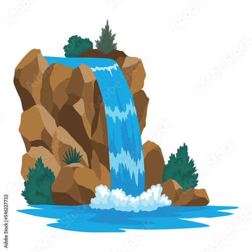 Cartoon river waterfall. Landscape with mountains and trees. Design element for travel brochure or illustration mobile game. Fresh natural water