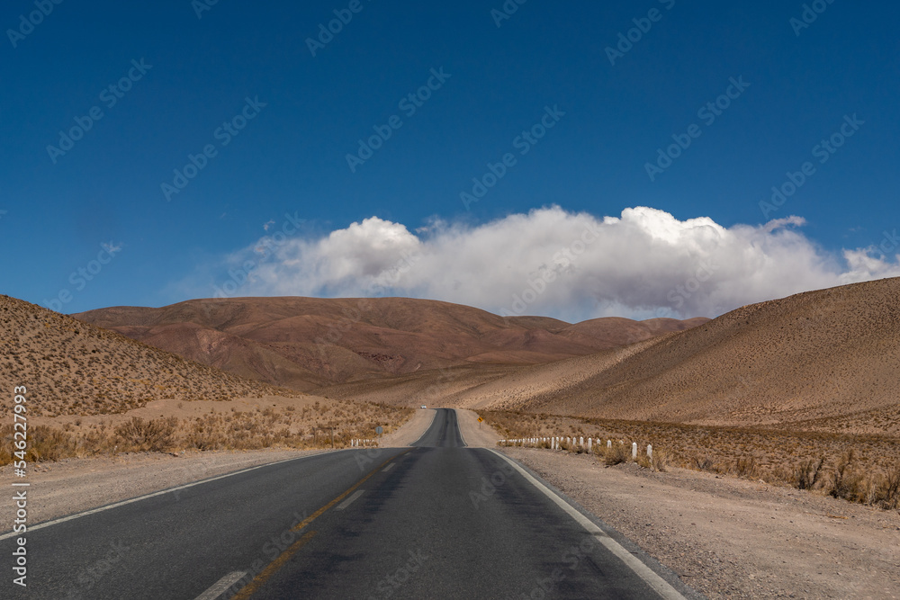 Travel into the unknown. Empty road in the Andes mountain range desert, on the way to Salta, Argentina.